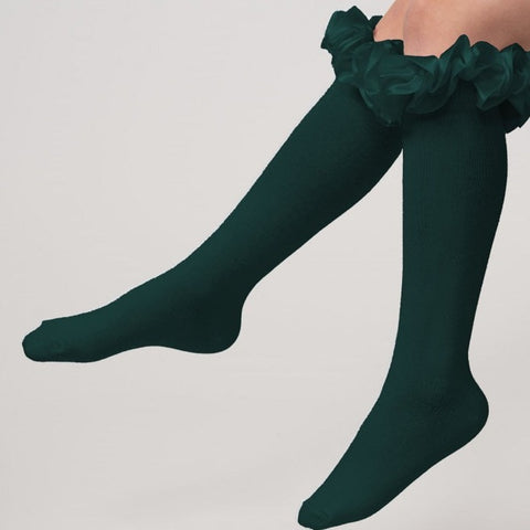 Bottle Green knee-high socks with ruffles from Carameo Kids.