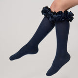 Caramelo Ruffle Ribbon Knee High Socks Navy