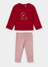 Mayoral A two-piece children's set featuring a long-sleeve top in deep red with a white line-art flower graphic on the chest, paired with matching red and white gingham checkered pants.