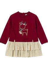 Mayoral Baby Girls Red and Gold Christmas Dress features a soft knit with long sleeves, ruffle collar, and reindeer appliqué. Back button fastening and tiered, pleated gold fleck skirt complete the festive look.