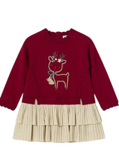 Mayoral Baby Girls Red and Gold Christmas Dress features a soft knit with long sleeves, ruffle collar, and reindeer appliqué. Back button fastening and tiered, pleated gold fleck skirt complete the festive look.