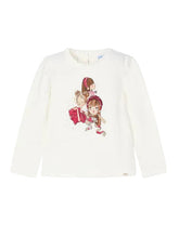 Mayoral off-white long-sleeve top with a ruffled neckline, featuring a colorful graphic of three girls in red outfits on the front.