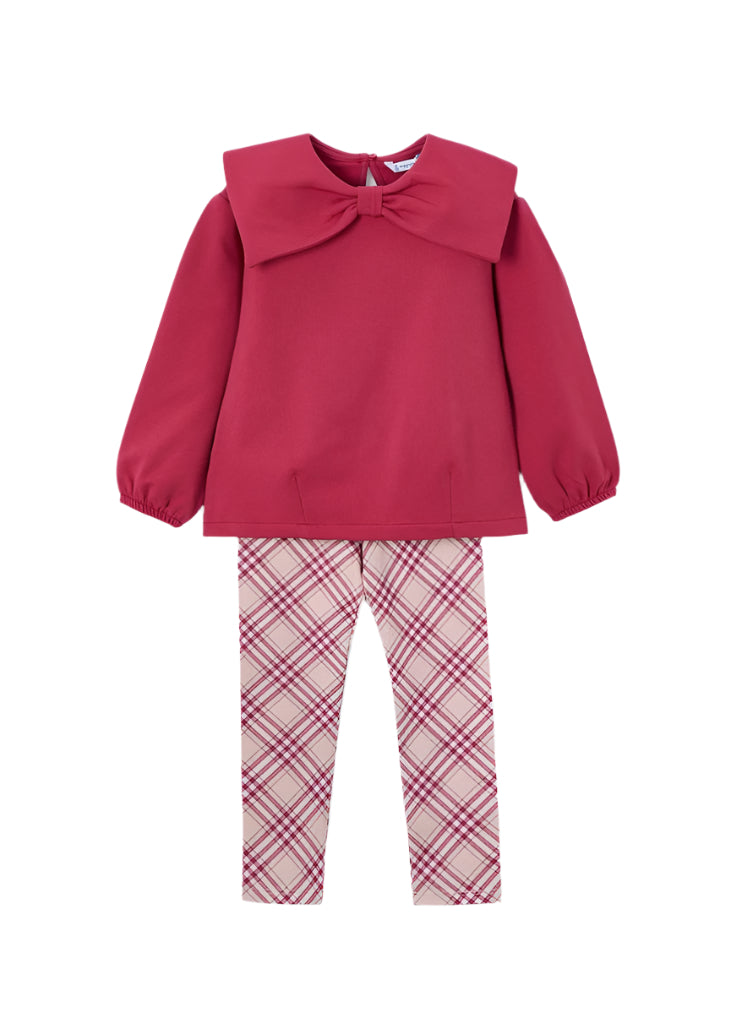 Mayoral red pullover with a large collar and plaid leggings.