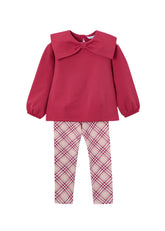 Mayoral red pullover with a large collar and plaid leggings.