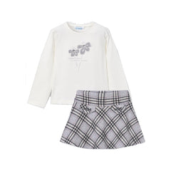 Girls Cream Long Sleeve Top and Plaid Skirt