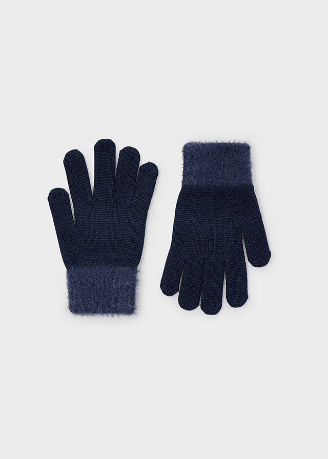 Girls Mayoral Navy Tricot Fur Gloves