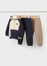 Mayoral Baby Boys 2 Pants Tracksuit Set in soft blue. Features a cosy sweatshirt paired with two plush joggers for versatile everyday wear.