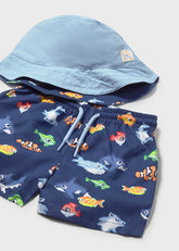 Mayoral Children's swim set with blue reverisible sun hat and navy shorts with colorful fish pattern