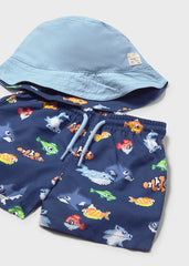 Mayoral Children's swim set with blue reverisible sun hat and navy shorts with colorful fish pattern