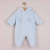 EMILE et ROSE ABEL This warm and snuggly pramsuit in pale blue, deep pile fleece is very cosy with padding and jersey lining.
