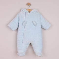 EMILE et ROSE ABEL This warm and snuggly pramsuit in pale blue, deep pile fleece is very cosy with padding and jersey lining.