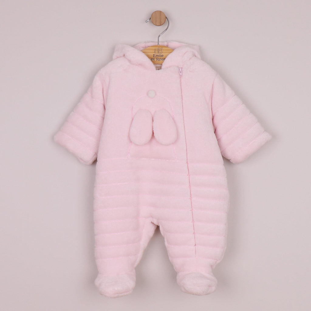 Emile et Rose. This warm and snuggly pramsuit in pale pink, deep pile fleece is very cosy with padding and jersey lining. A full length concealed zip from the neck to ankle allows easy access for dressing