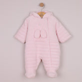 Emile et Rose. This warm and snuggly pramsuit in pale pink, deep pile fleece is very cosy with padding and jersey lining. A full length concealed zip from the neck to ankle allows easy access for dressing