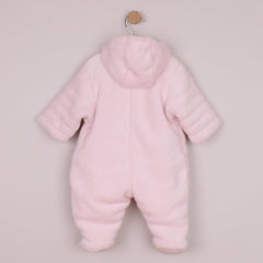 Emile et Rose. This warm and snuggly pramsuit in pale pink, deep pile fleece is very cosy with padding and jersey lining. A full length concealed zip from the neck to ankle allows easy access for dressing