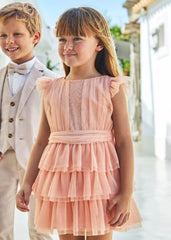 Girls Peach Pearl Pleated Tulle Dress by Mayoral.