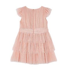 Girls Peach Pearl Pleated Tulle Dress