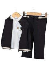 Mayoral Baby Boys Smart Black Jacket paired with jogging trousers in premium viscose blend. Features soft, breathable fabric with secure zipper closure for effortless dressing.