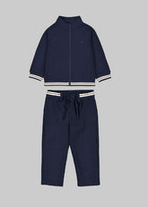 Mayoral Baby Boys Smart Blue Jacket paired with jogging trousers in premium viscose blend. Features soft, breathable fabric with secure zipper closure for effortless dressing.