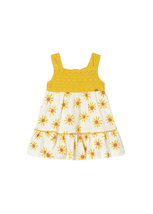 A beautifully crafted Mayoral baby girls' dress featuring delicate guipur lace detailing.
