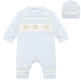EMILE Light blue baby knitted All In One with bear pattern and matching hat