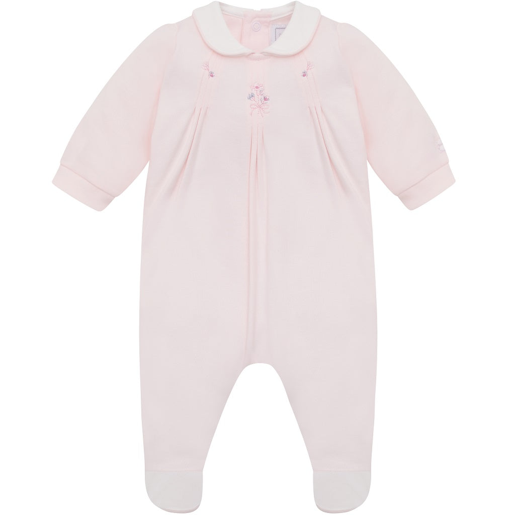 EMILE ET ROSE New for this season Lara, is a practical twin pack of babygrows for girls. One babygrow is in our signature pink, the other white with pink piping.