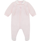 EMILE ET ROSE New for this season Lara, is a practical twin pack of babygrows for girls. One babygrow is in our signature pink, the other white with pink piping.
