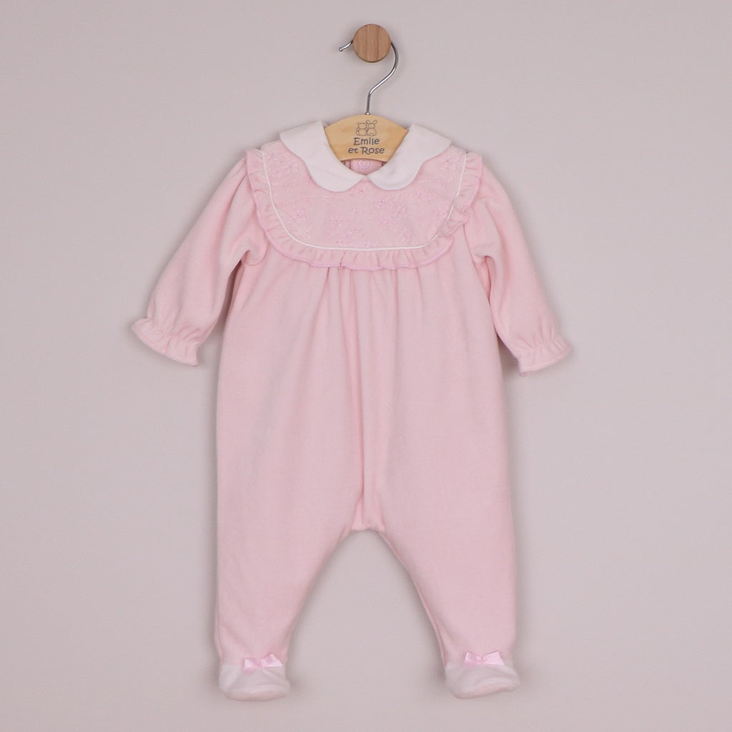 EMILE et ROSE Maddy is a beautiful baby girls babygrow in sumptuous pink velour. With its intricate flower embroidered, frilled inset yoke and pretty scalloped collar this is a very feminine outfit. Pink and white feet with little satin bows completes this gorgeous all in one.