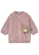 Long sleeved Mayoral dress with a round neckline and ribbed faux fur front. Fastens at the back with poppers and comes with a matching teddy face bag. Comfort meets playful style in one charming piece. Crystal