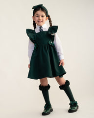 BTS Bottle Green Flared Pinafore with Bow