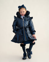 CARAMELO BTS Fur Trim Hood Peplum Coat Navy