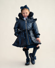 CARAMELO BTS Fur Trim Hood Peplum Coat Navy