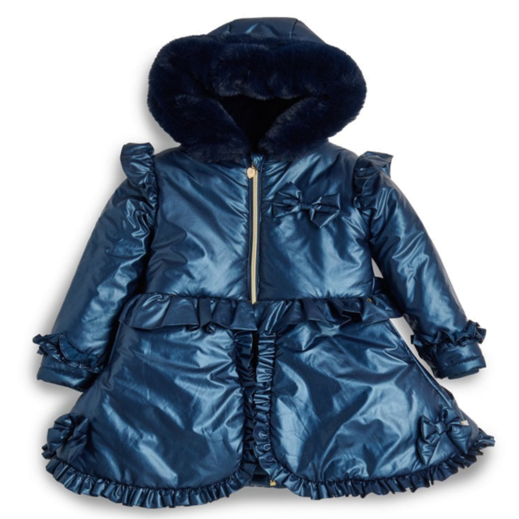 CARAMELO BTS Fur Trim Hood Peplum Coat Navy