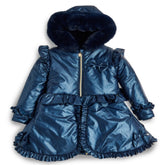 CARAMELO BTS Fur Trim Hood Peplum Coat Navy