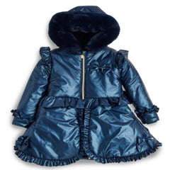 CARAMELO BTS Fur Trim Hood Peplum Coat Navy
