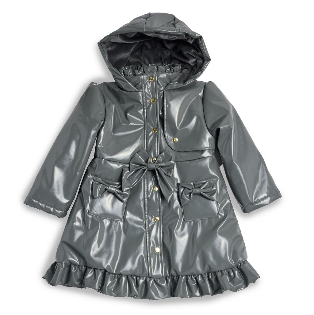 Caramelo girls grey hooded rain mac features charming fixed bow on the front, a frill hem