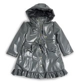 Caramelo girls grey hooded rain mac features charming fixed bow on the front, a frill hem