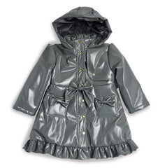 Caramelo girls grey hooded rain mac features charming fixed bow on the front, a frill hem