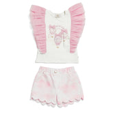 Caramelo Kids, the Fly Away Short Set features pink hues, adding a playful and enjoyable element.