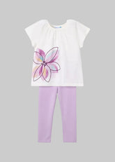 Mayoral girls White t-shirt with a colorful flower design and mauve leggings to match