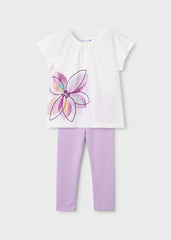 Mayoral girls White t-shirt with a colorful flower design and mauve leggings to match
