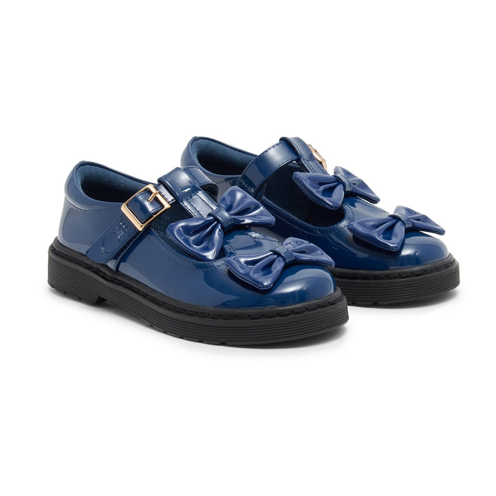 Caramelo BTS Double Bow School Shoes Navy