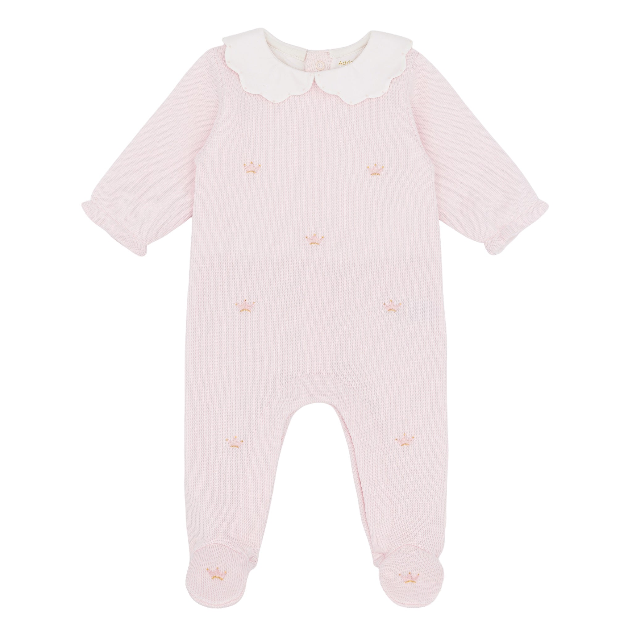 Luxurious footie handcrafted in Peru with a charming embroidered crowns motif in pale pink and gold. Enclosed feet provide all-over warmth and cosiness, making it perfect for keeping baby cosy day and night. A special gift for a new baby girls from the Adriana Mae collection.