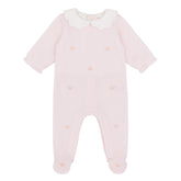 Luxurious footie handcrafted in Peru with a charming embroidered crowns motif in pale pink and gold. Enclosed feet provide all-over warmth and cosiness, making it perfect for keeping baby cosy day and night. A special gift for a new baby girls from the Adriana Mae collection.