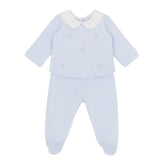 Luxurious 2 piece trouser set handcrafted in Peru with charming embroidered crowns motif in classic blue. Perfect for keeping baby cosy day and night. A special gift for a new baby boy from the Adriana Mae collection.