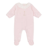 Luxurious footie handcrafted in Peru with a charming embroidered ballerina motif in pale pink. Enclosed feet provide all-over warmth and cosiness, making it perfect for keeping baby cosy day and night. A special gift for a new baby girls from the Adriana Mae collection.