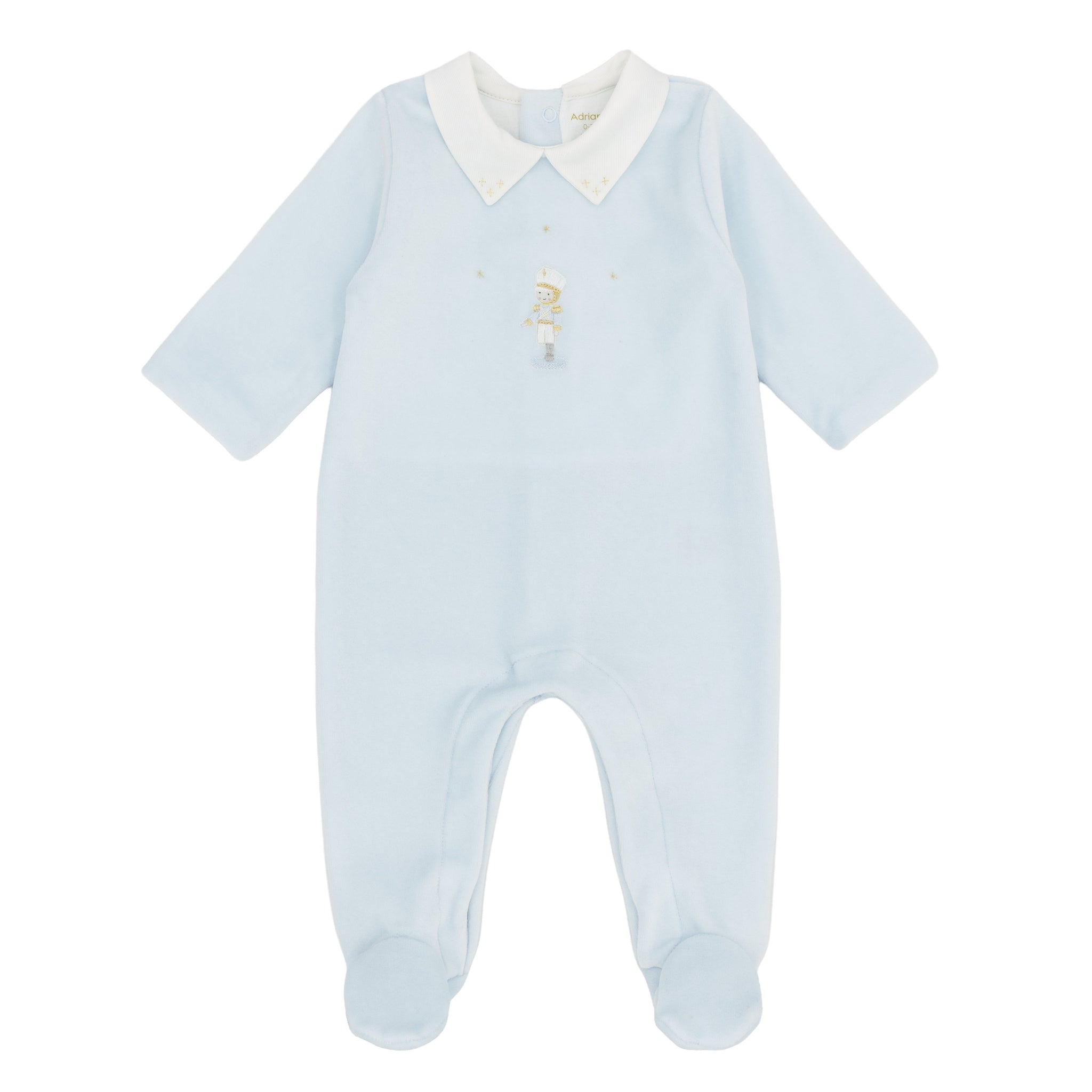 Luxurious velour footie handcrafted in Peru with a charming embroidered tiny soldier motif in classic blue. Enclosed feet provide all-over warmth and cosiness, making it perfect for keeping baby cosy day and night. A special gift for a new baby boy from the Adriana Mae collection.