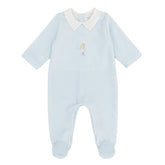Luxurious velour footie handcrafted in Peru with a charming embroidered tiny soldier motif in classic blue. Enclosed feet provide all-over warmth and cosiness, making it perfect for keeping baby cosy day and night. A special gift for a new baby boy from the Adriana Mae collection.