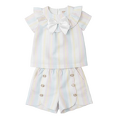 Caramelo Kids Rainbow-striped short set, perfect for summer outings. The charming ruffled collar is enhanced with a satin bow. A comfortable elasticated waistband ensures a secure and comfortable fit.