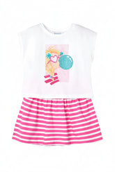 Mayoral sleeveless children's white top featuring a cartoon graphic, and a pink and white striped skirt.