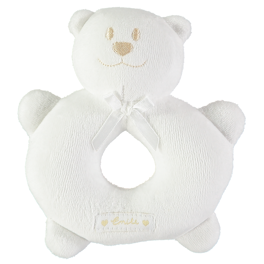 Emile et Rose White teddy bear rattle with a bow